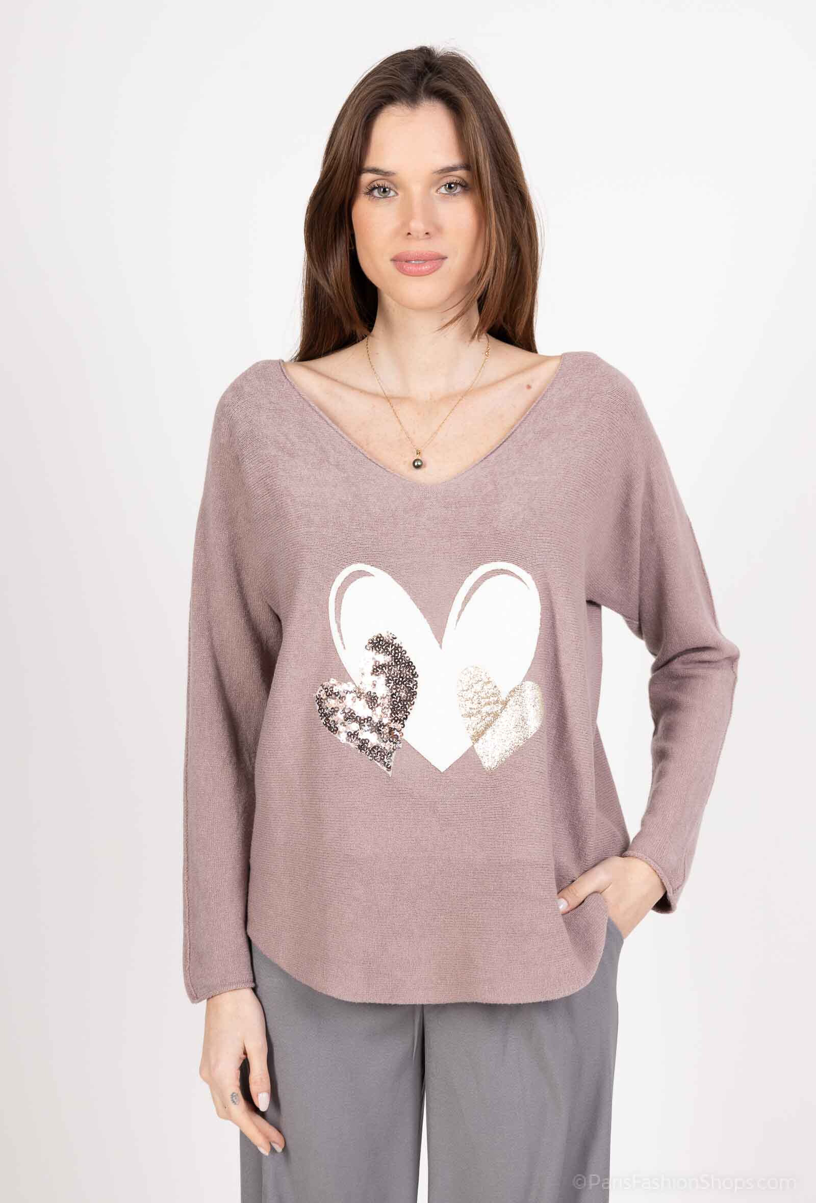 Wholesaler Elissa - plain v-neck sweater with sequin heart details