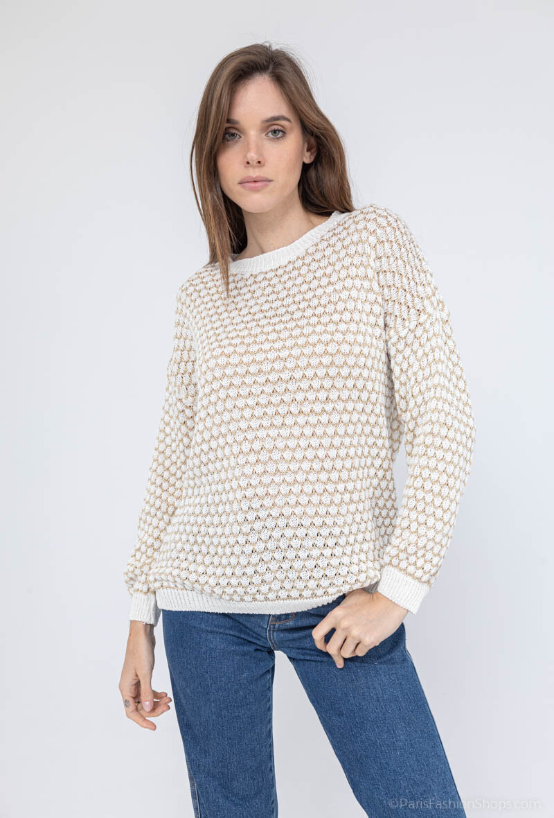 Grossiste Elissa - Pull col rond blanc avec fils doré écailles