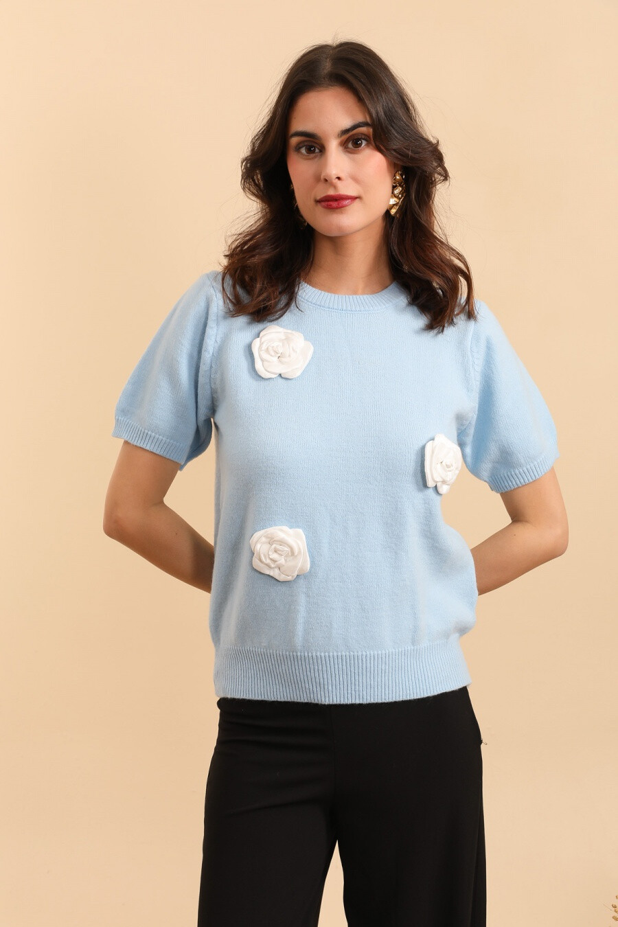 Grossiste MOOYA - Pull uni manches courtes avec détails fleurs blanches