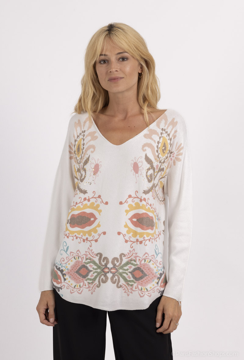 Grossiste MOOYA - PULL COL V IMPRIME ETHNIQUE AVEC MANCHES LONGUES