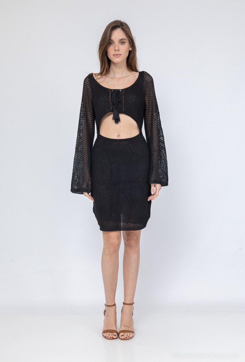 Grossiste Elissa - Robe manches longues en maille crochet