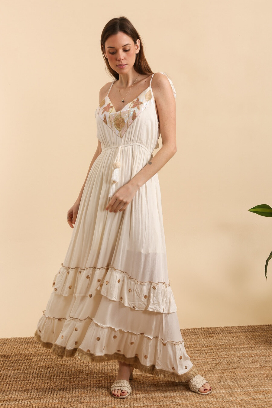 Wholesaler MOOYA - Maxi Bohemian dress with suspenders and sequin collar