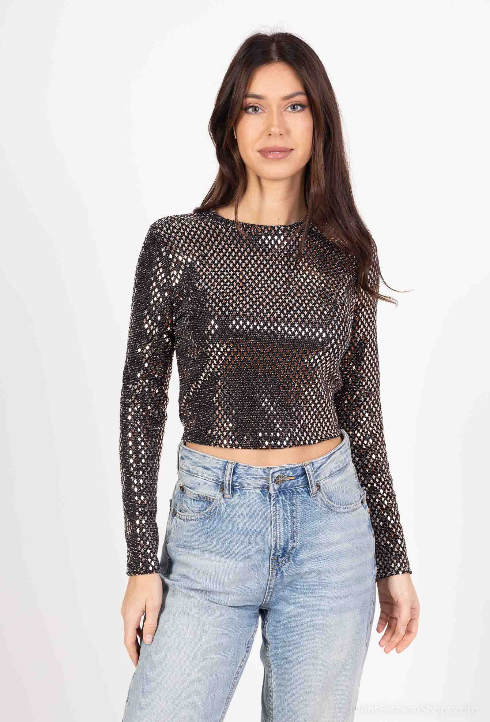 Grossiste Elissa - Top manches longues à sequin brun