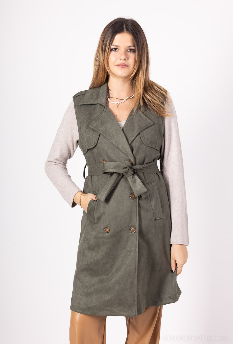 Grossista Elissa - Gilet senza maniche stile trench in similpelle scamosciata