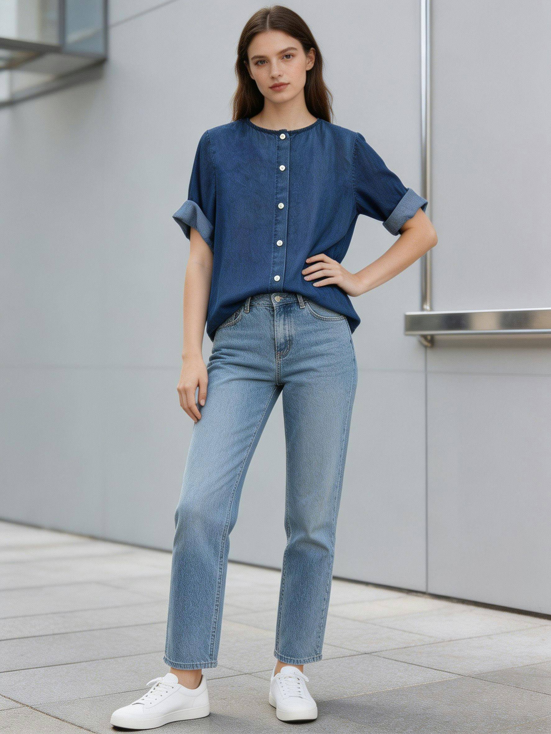 Wholesaler MoreFantasy - 100% Lyocell Round Neck Back Button Rolled Sleeve Blouse