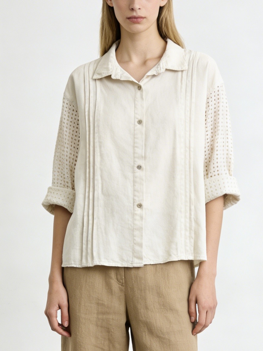 Wholesaler MoreFantasy - Linen-Cotton Blend Pleated Eyelet Sleeve Button-Down Shirt