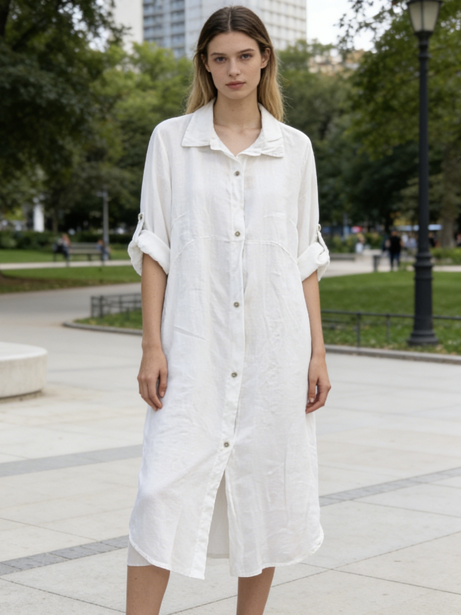 Grossista MoreFantasy - Abito camicia maxi in lino 100% con maniche arrotolabili
