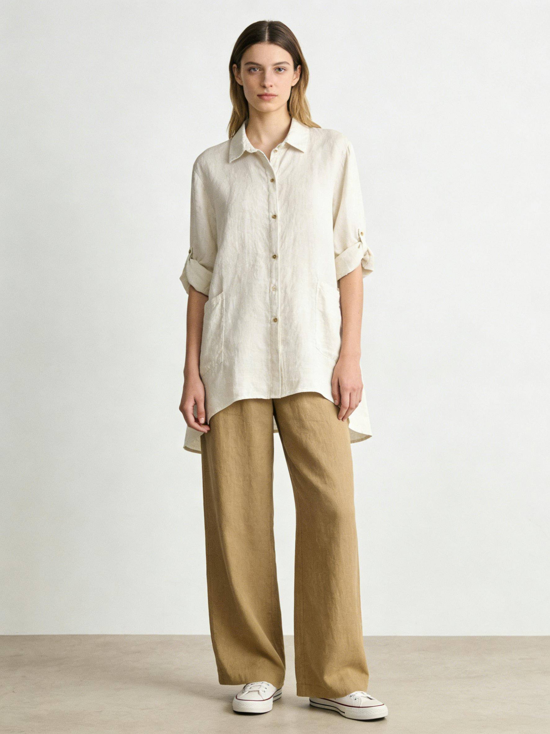 Wholesaler MoreFantasy - 100% Linen Oversized Longline Shirt Dress with Roll-Tab Sleeves