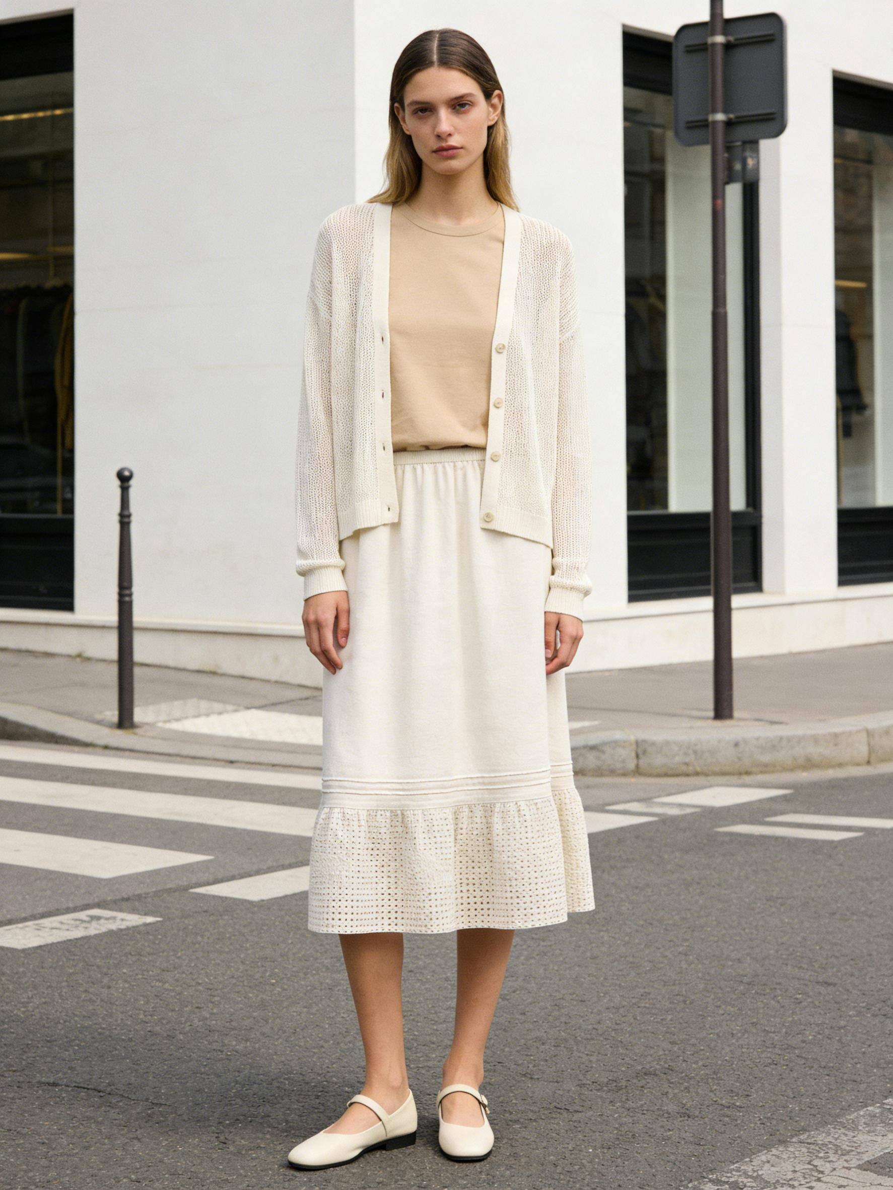 Wholesaler MoreFantasy - Linen-Cotton Blend Eyelet Ruffle Hem Elastic Waist Midi Skirt