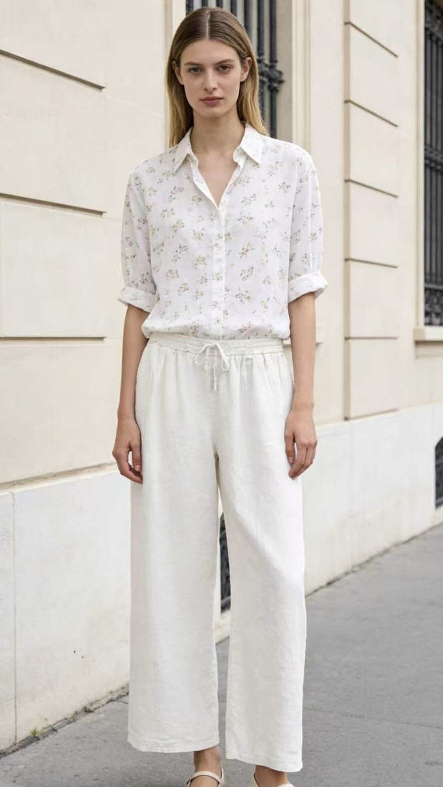Grossista MoreFantasy - Pantaloni a gamba larga in 100% lino con vita elasticizzata e coulisse