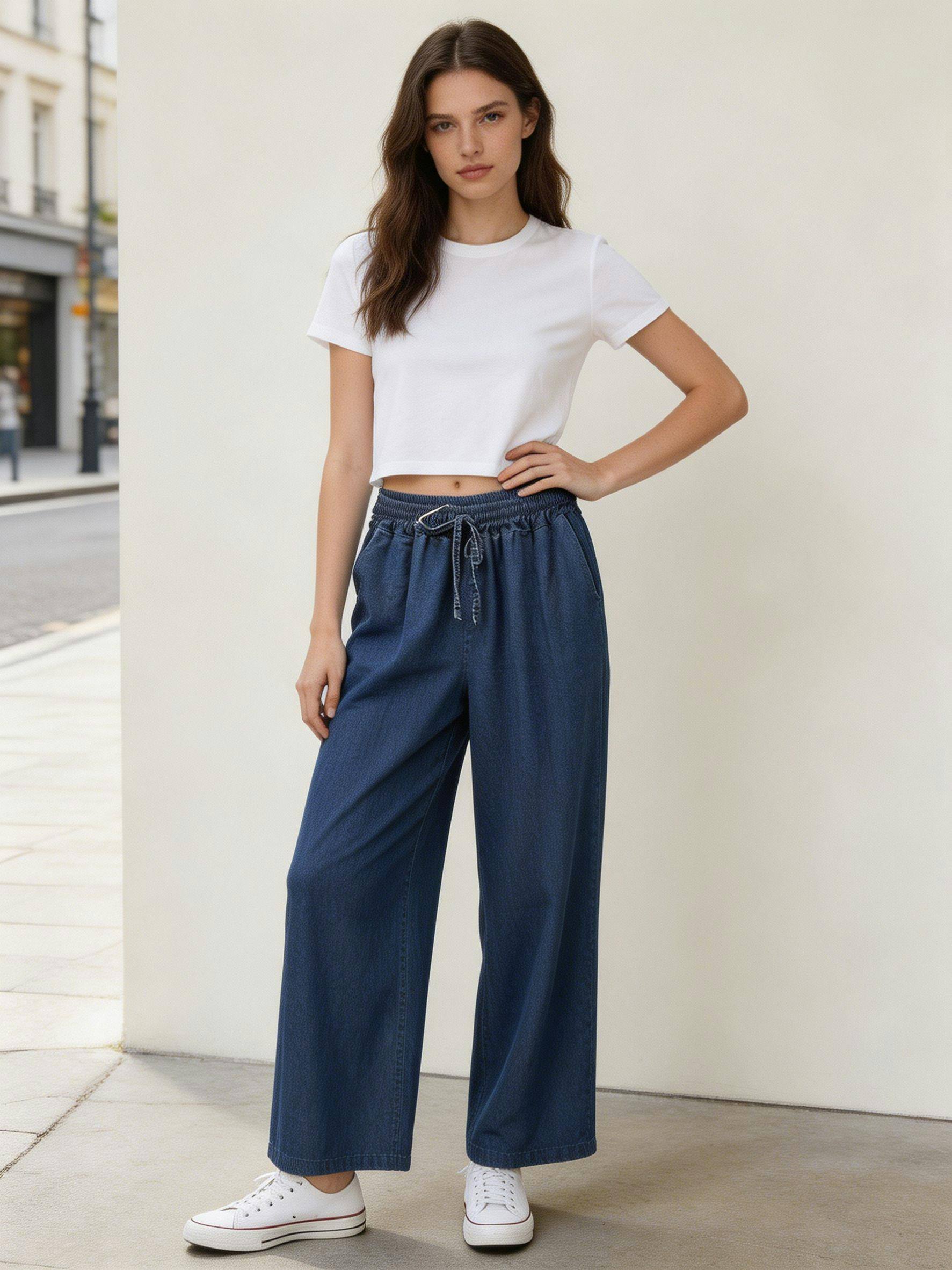 Wholesaler MoreFantasy - 100% Tencel Lyocell Drawstring Elastic Waist Wide Leg Trousers