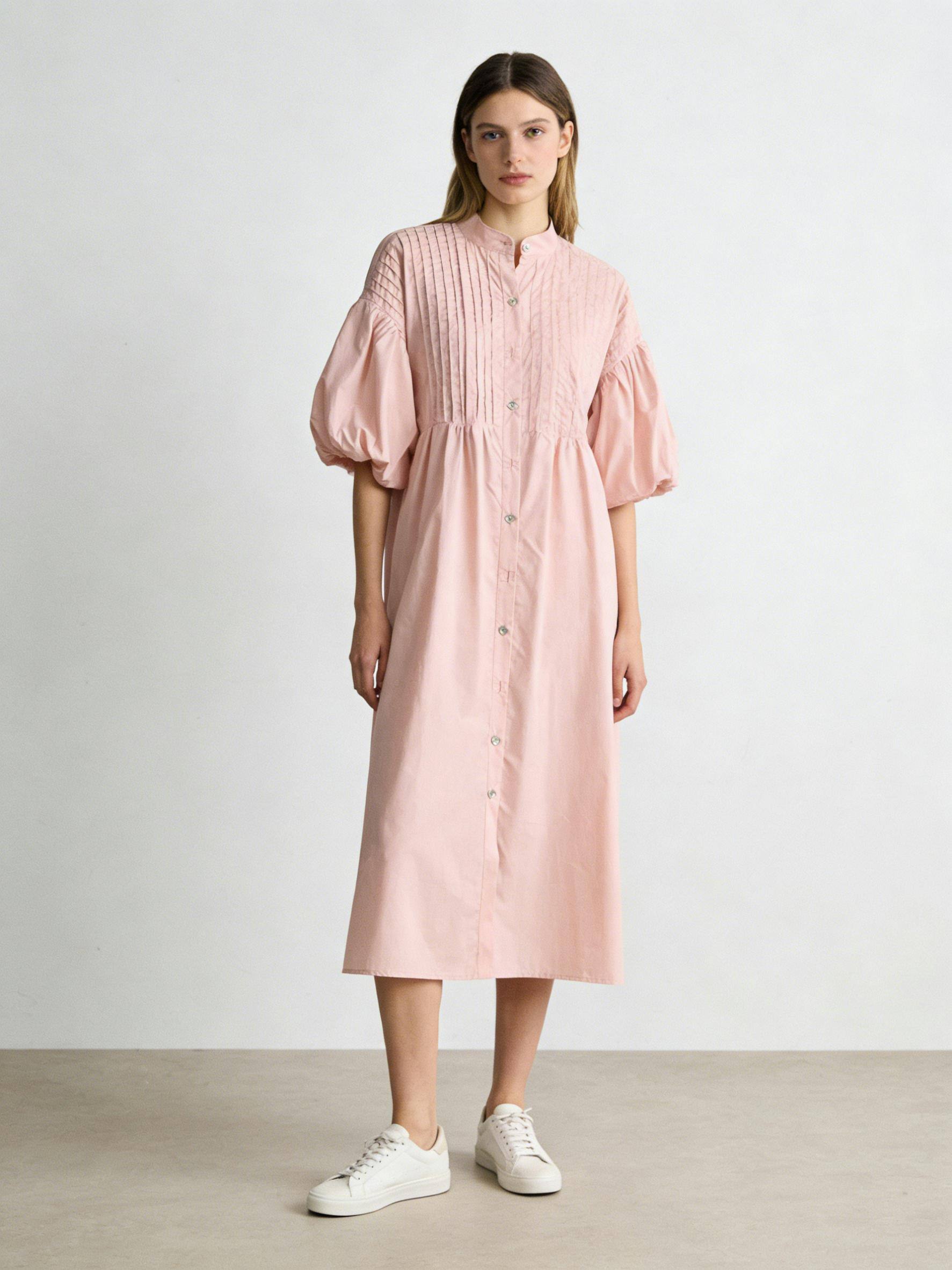 Wholesaler MoreFantasy - 100% Cotton Pintuck Puff Sleeve Maxi Shirt Dress