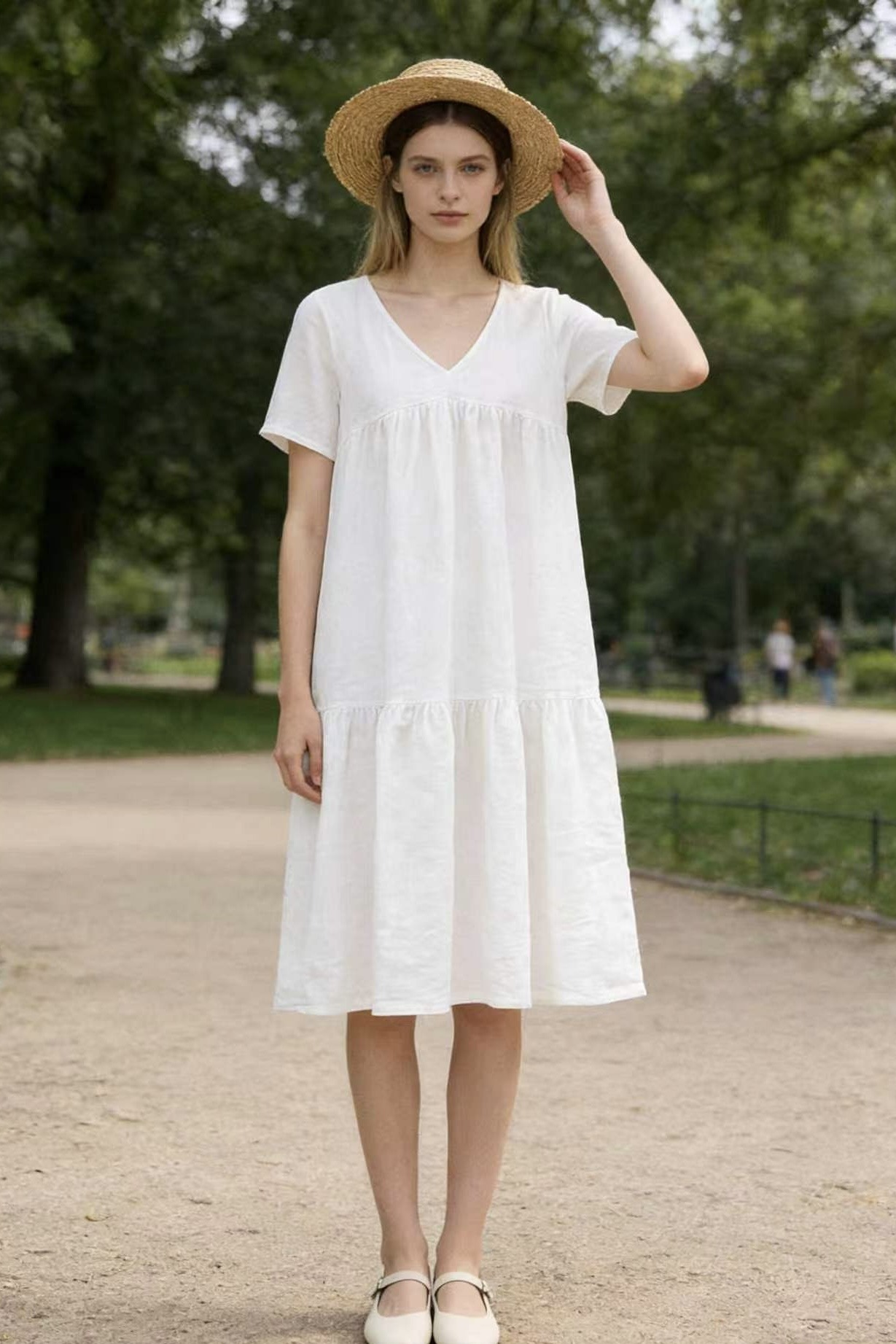 Grossista MoreFantasy - Abito Maxi in 100% Lino a Balze con Scollo a V