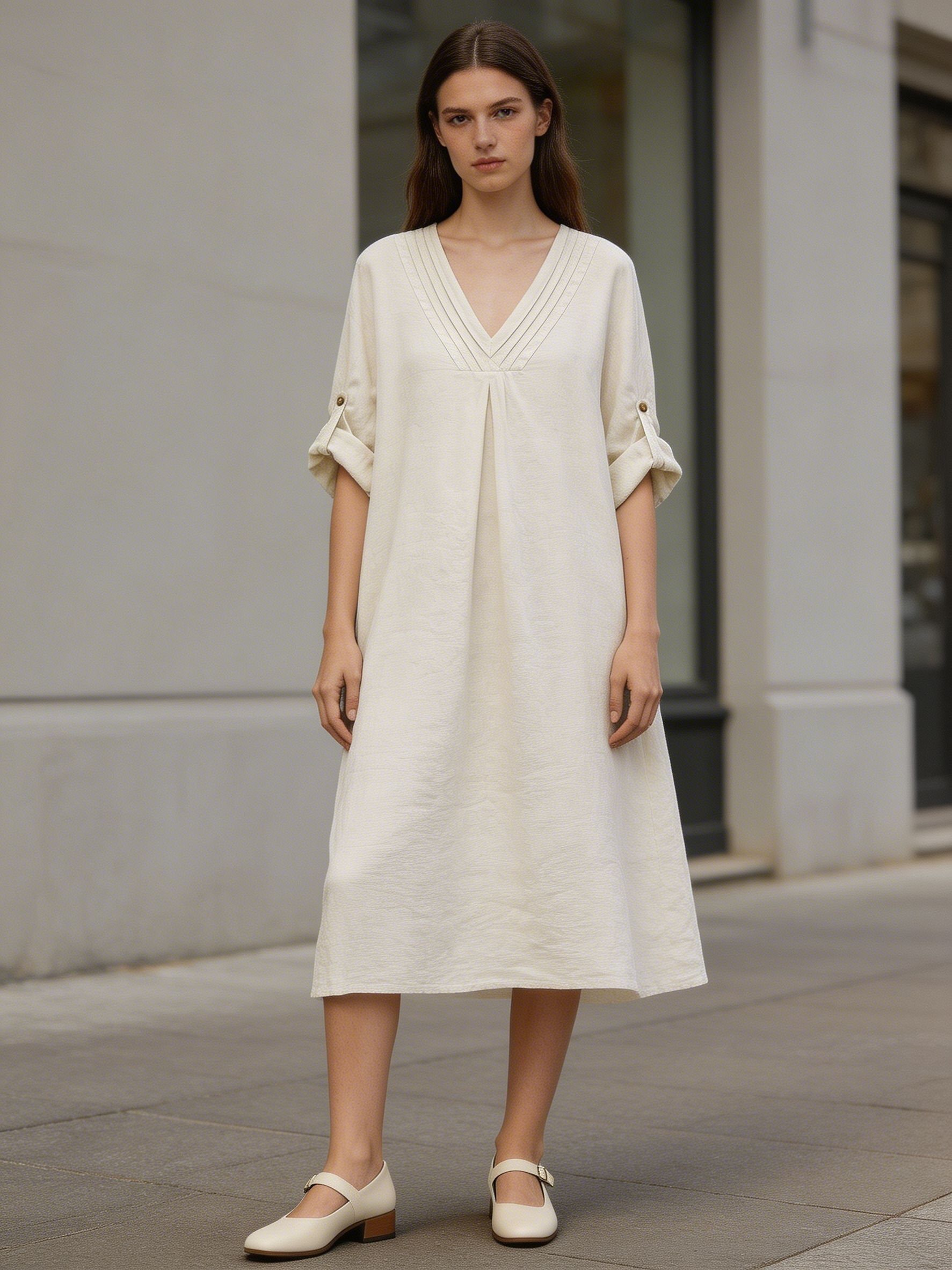 Wholesaler MoreFantasy - Women's 100% Linen Parisian V-Neck Roll-Tab Sleeve Midi Dress