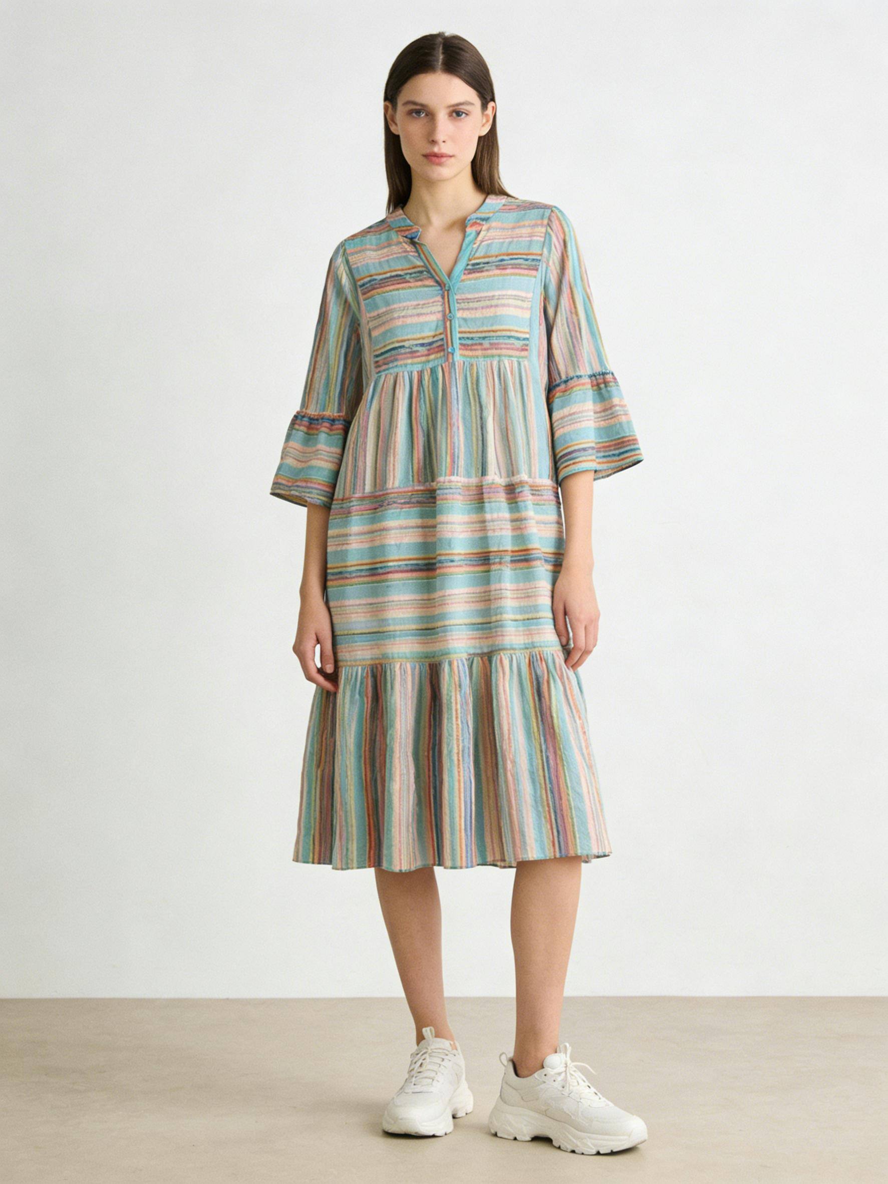 Wholesaler MoreFantasy - Striped Tiered Maxi Dress with Bell Sleeves
