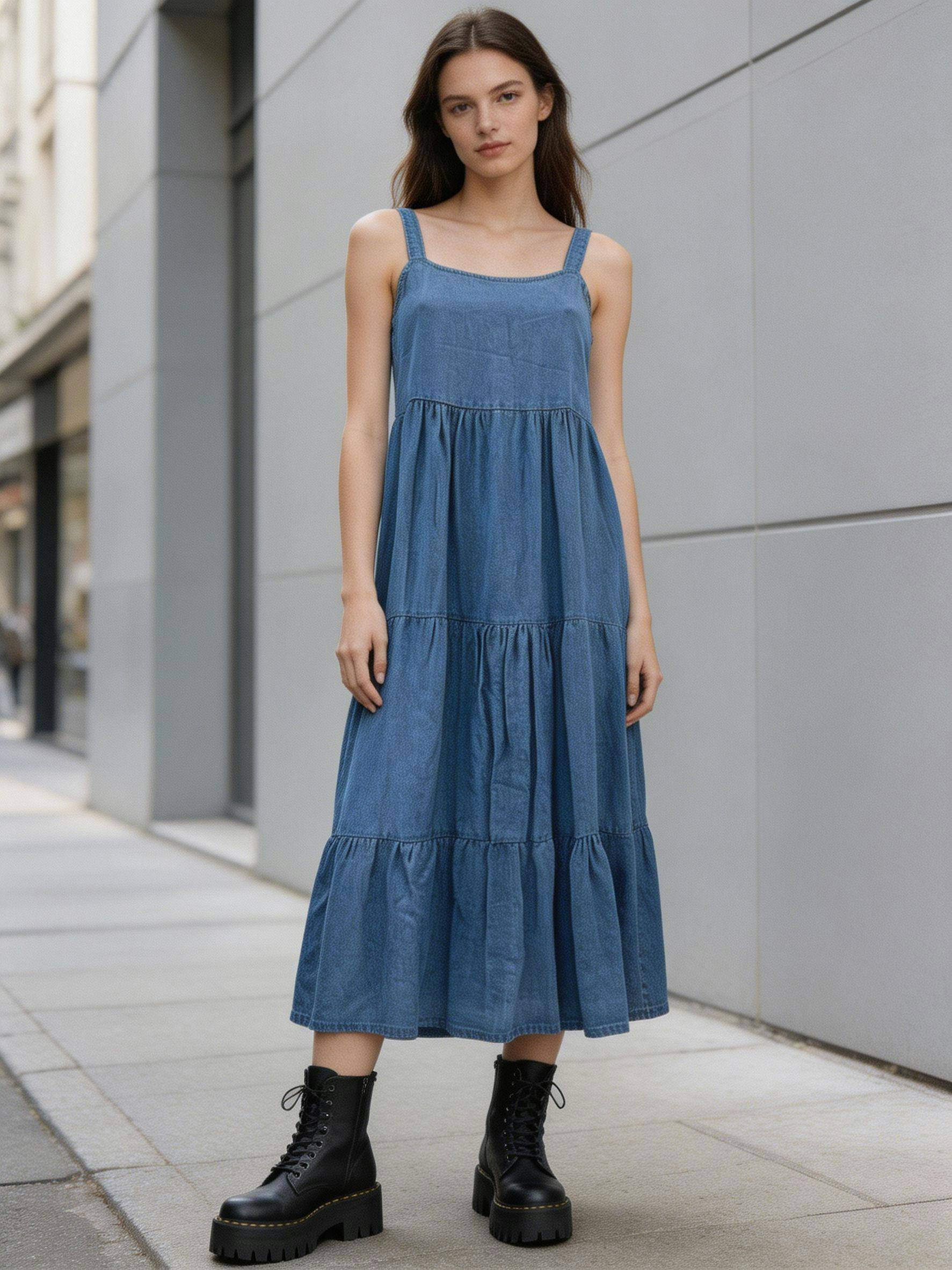 Mayorista MoreFantasy - Vestido maxi de tirantes finos con escote cuadrado y capas, 100% Lyocell