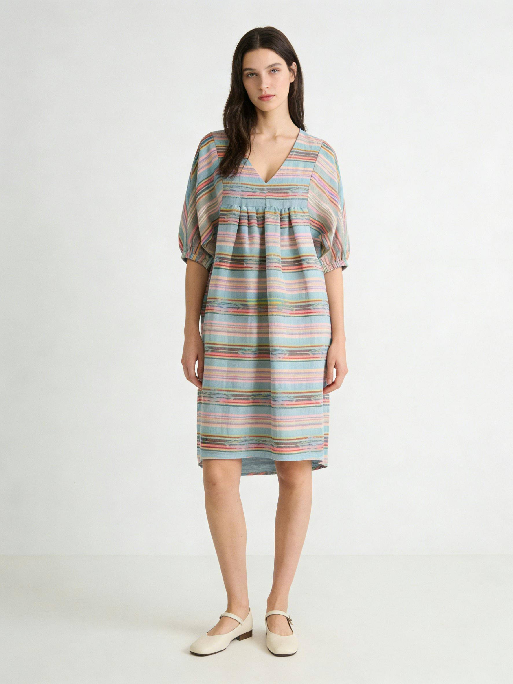 Wholesaler MoreFantasy - Striped V-Neck Batwing Sleeve Gathered Waist Midi Dress