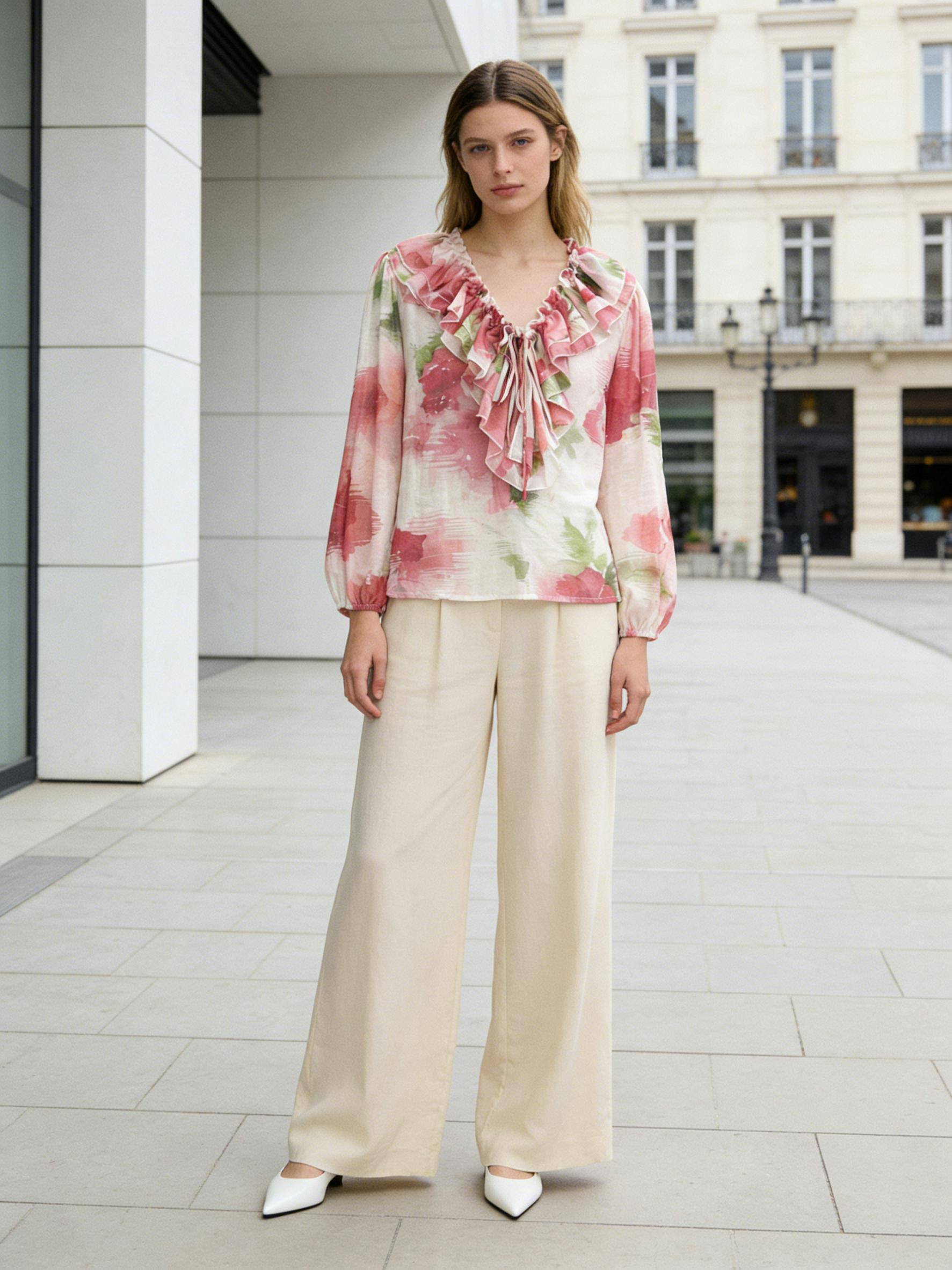 Wholesaler MoreFantasy - 100% Lyocell Watercolor Floral Ruffle Tie-Neck Blouse