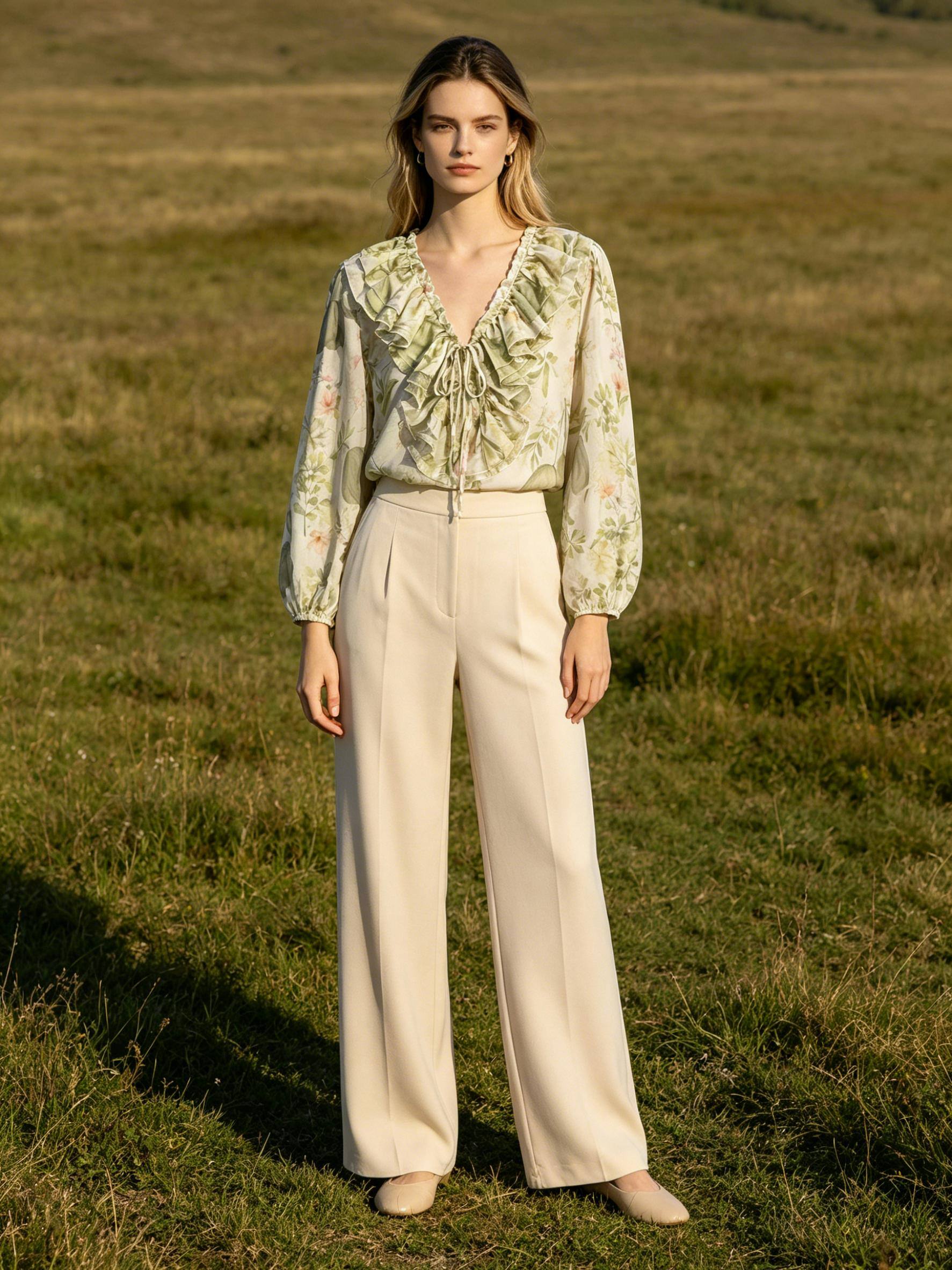 Wholesaler MoreFantasy - 100% Lyocell Watercolor Floral Ruffle Tie-Neck Blouse