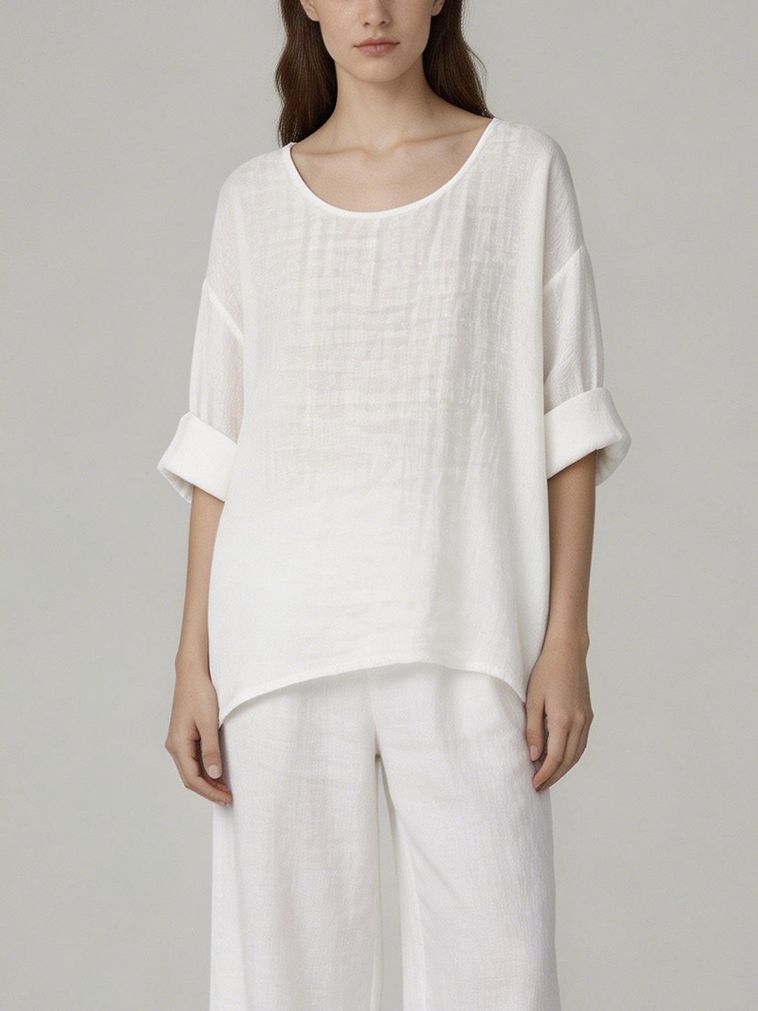 Wholesaler MoreFantasy - Women's 100% Linen Parisian Round Neck Rolled Sleeve Oversized Top