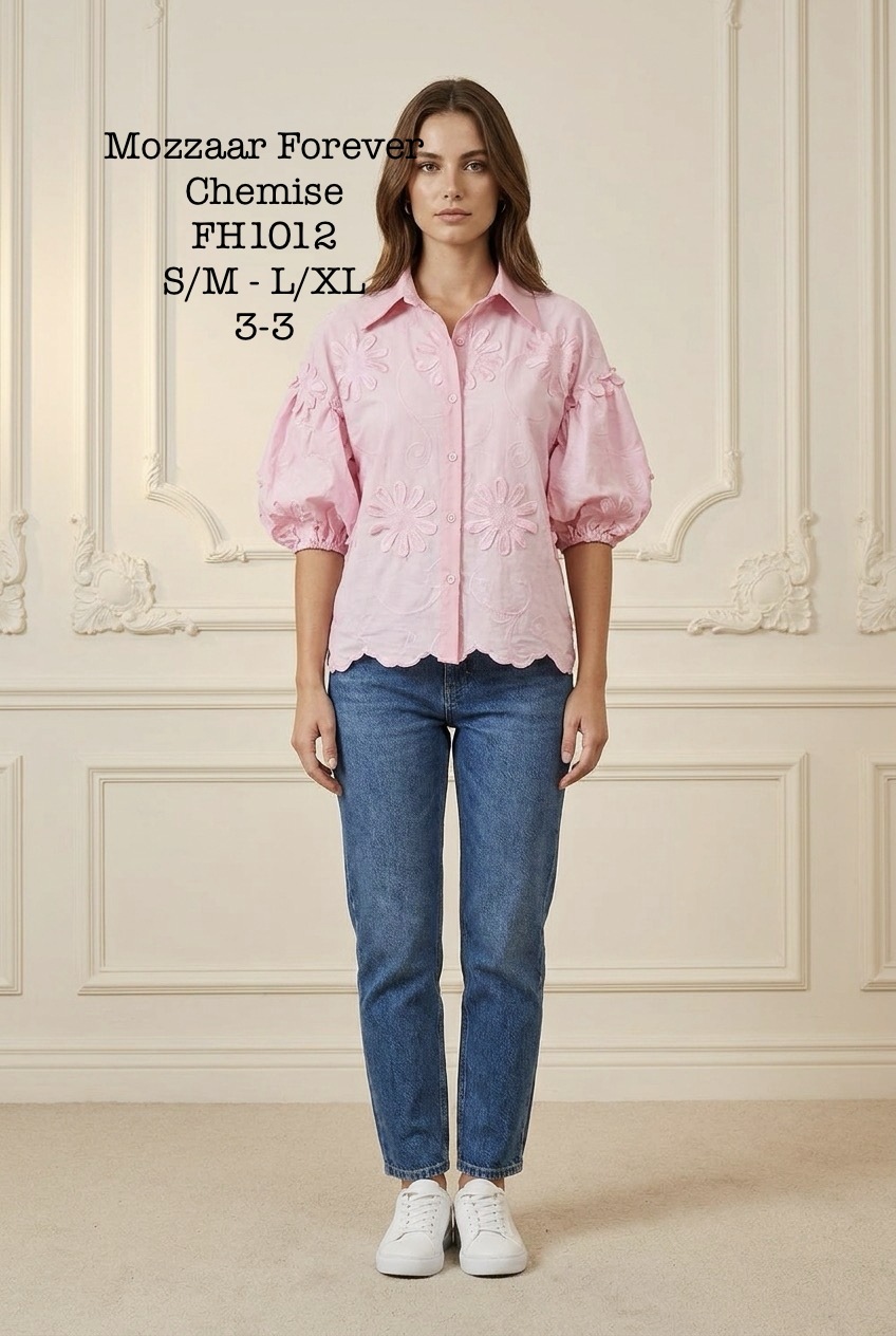 Grossista MOZZAAR FOREVER - Camicia a maniche corte a sbuffo con ricamo floreale