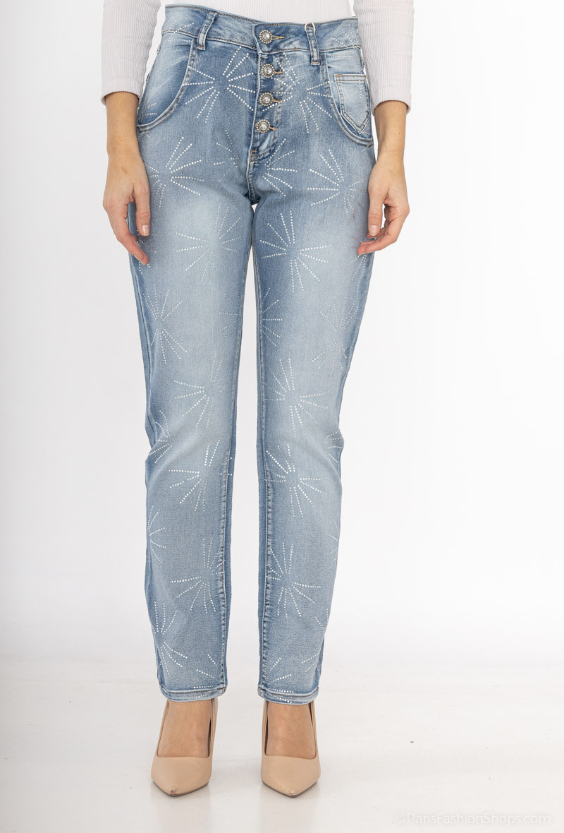 Grossiste MOZZAAR FOREVER - Pantalon jean grande taille, 4 boutons strass étoilé