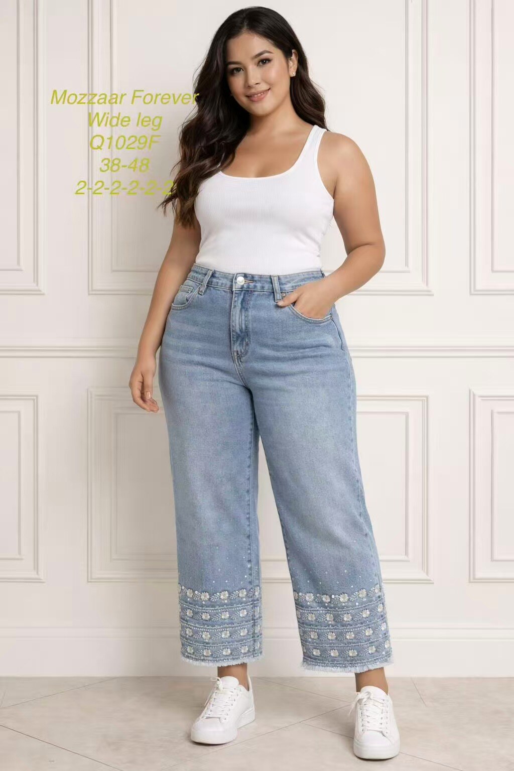 Grossiste MOZZAAR FOREVER - Pantalon jeans, coupe wide Leg, avec borderie et strass bas