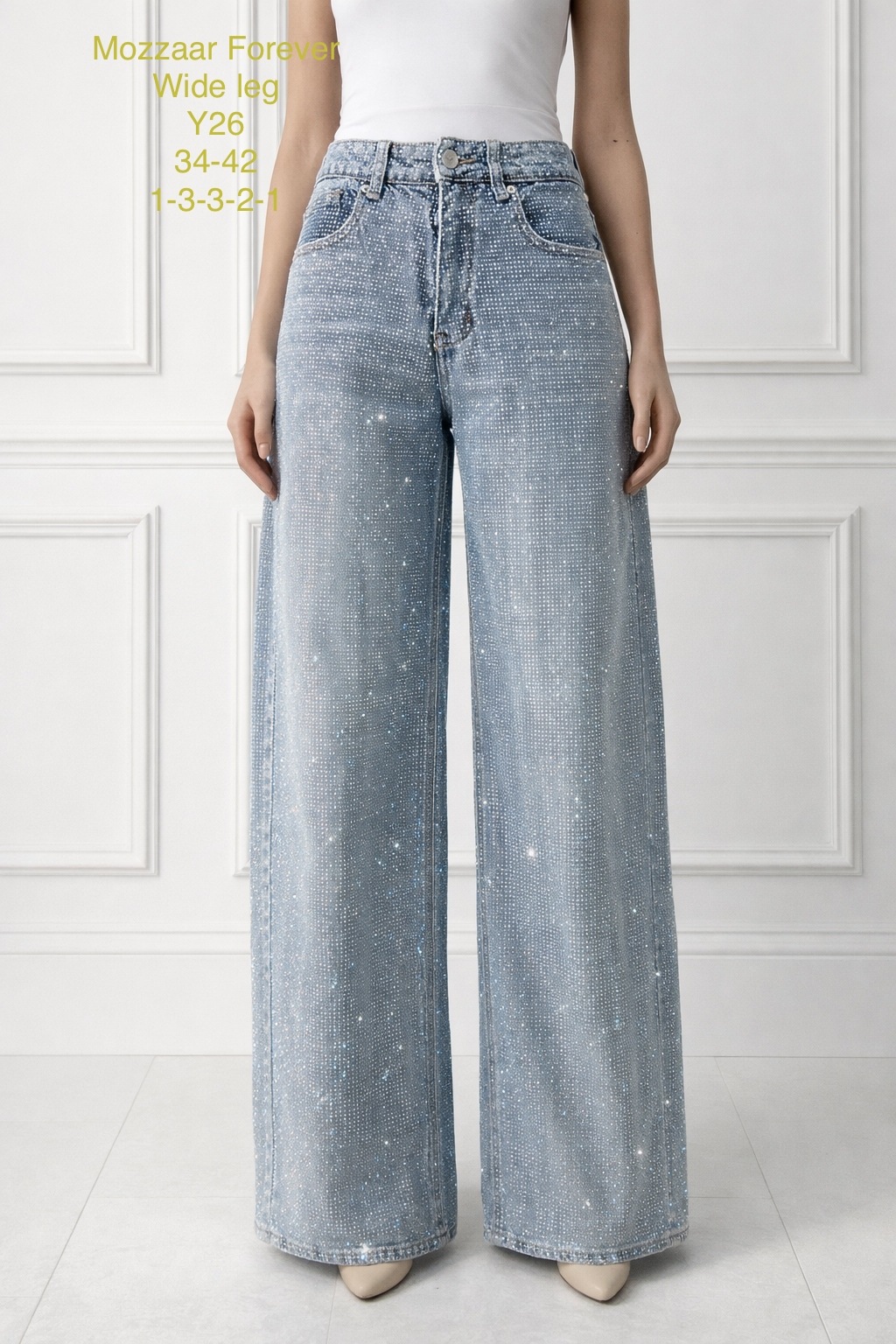 Mayorista MOZZAAR FOREVER - Pantalones vaqueros de pierna ancha con miles de strass en ambas caras