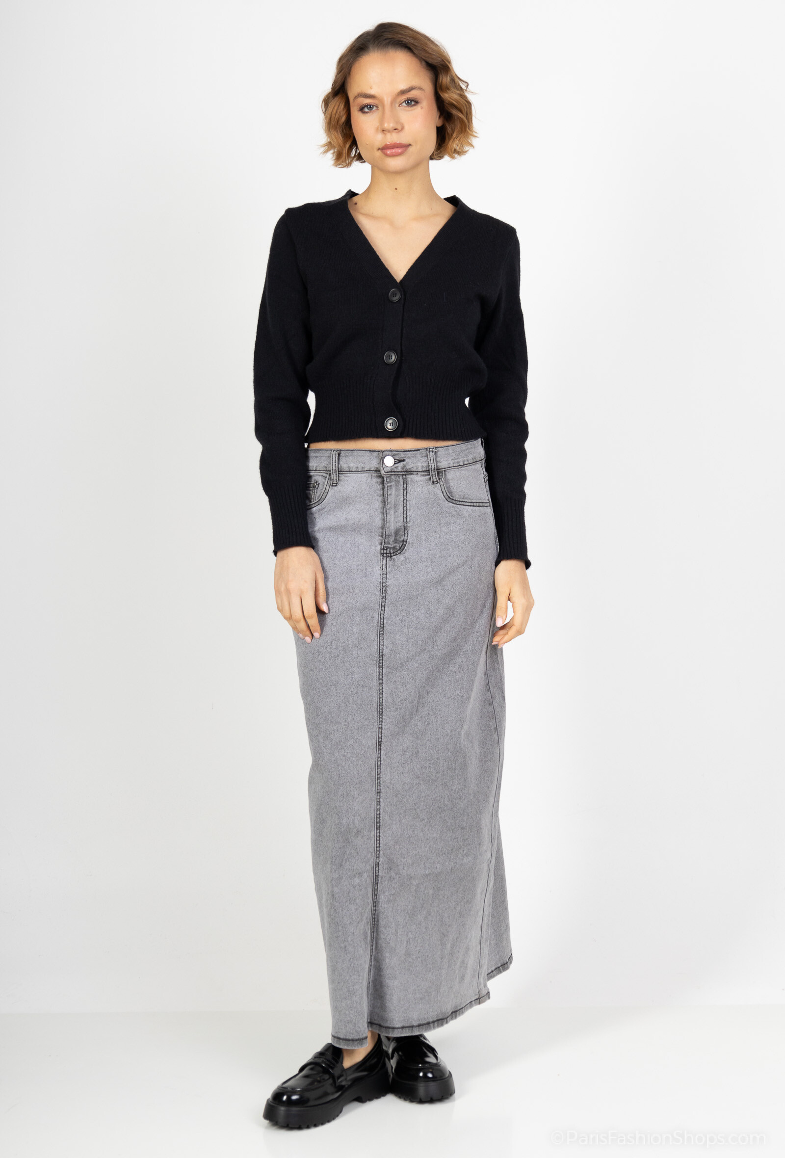 Wholesaler MOZZAAR FOREVER - Long faded denim skirt, without slit, light gray, 95cm long