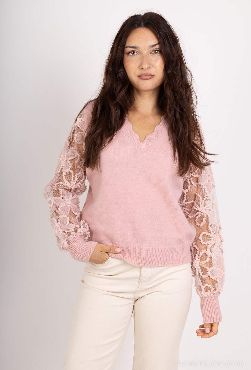 Wholesaler MOZZAAR FOREVER - Mohair touch sweater, heart collar with openwork sequin veil sleeves
