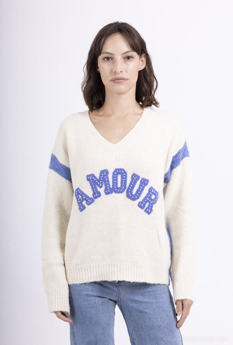 Wholesaler MOZZAAR FOREVER - Wool sweater with mohair touch, v-neck, pearl love