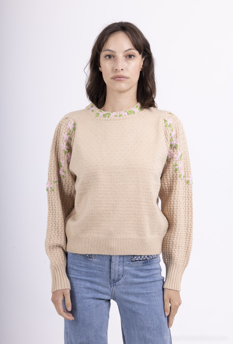 Wholesaler MOZZAAR FOREVER - Wool sweaters with floral round neck and floral sleeves
