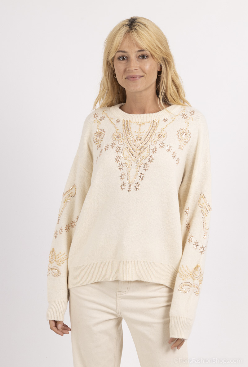 Wholesaler MOZZAAR FOREVER - Round neck sweater, wool touch, sequin front border