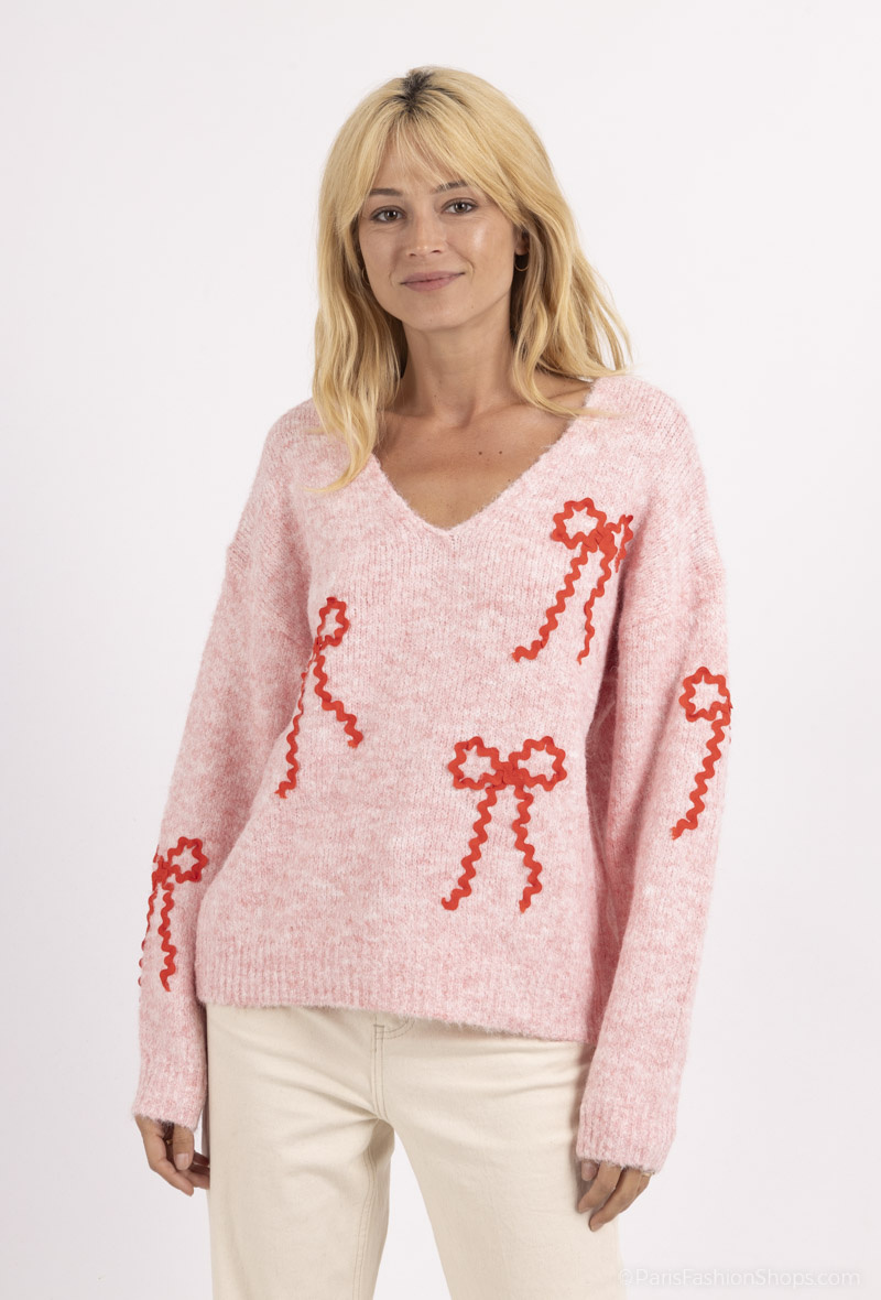 Wholesaler MOZZAAR FOREVER - V-neck sweater, mohair-touch wool with bow trim