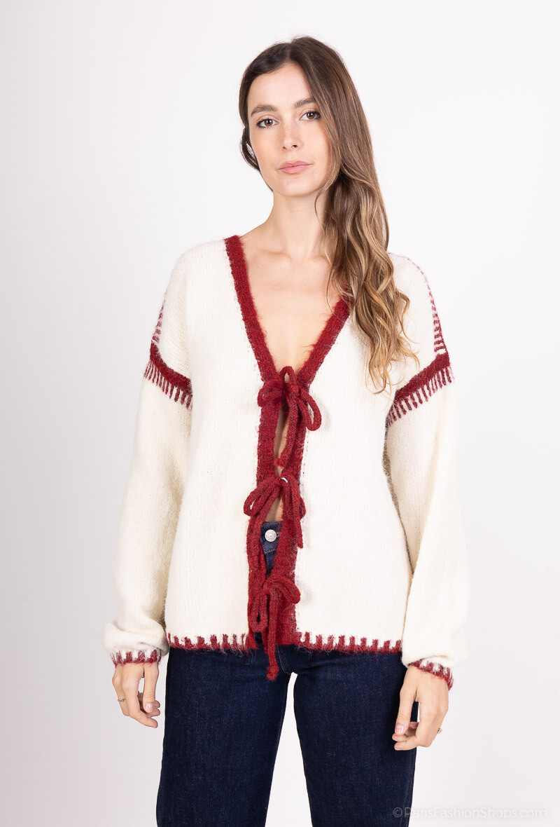 Wholesaler MOZZAAR FOREVER - Wool cardigan sweater with lace and bow on the front