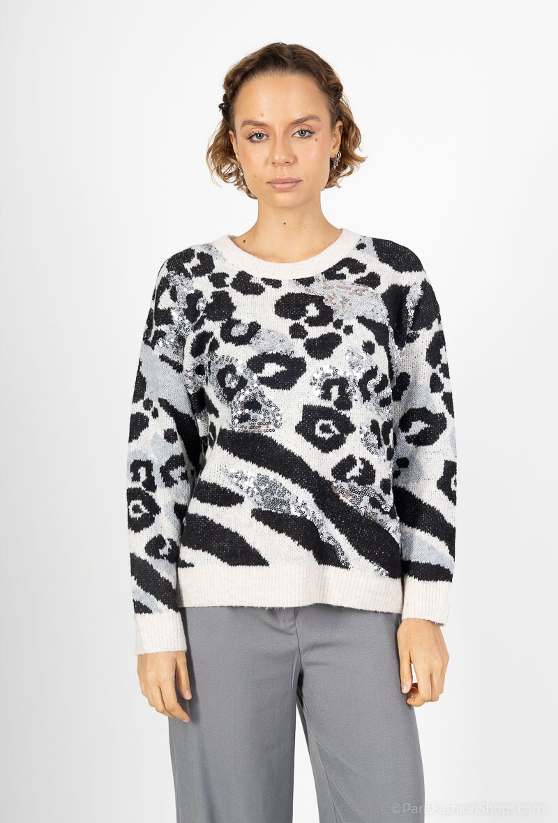 Wholesaler MOZZAAR FOREVER - Round neck sweaters with sequin leopard design