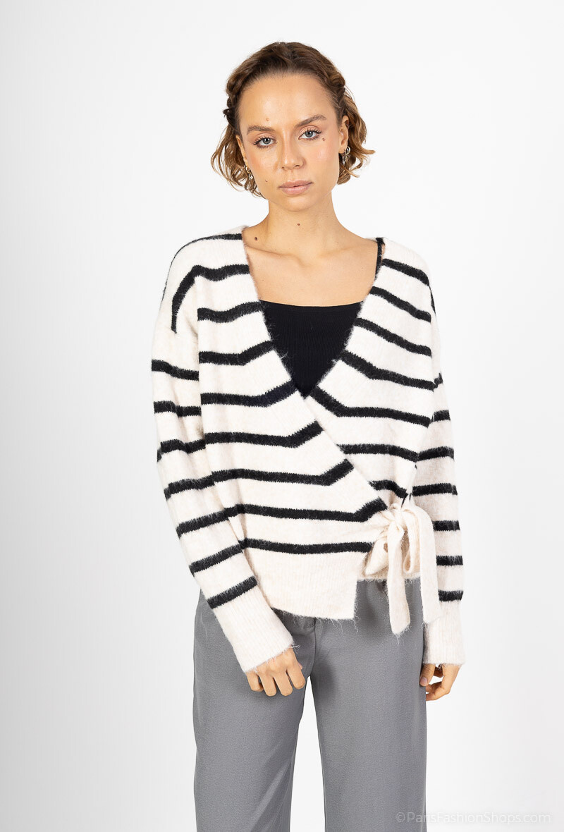 Wholesaler MOZZAAR FOREVER - Wrap-around wool sweater, angora touch, sailor stripe style