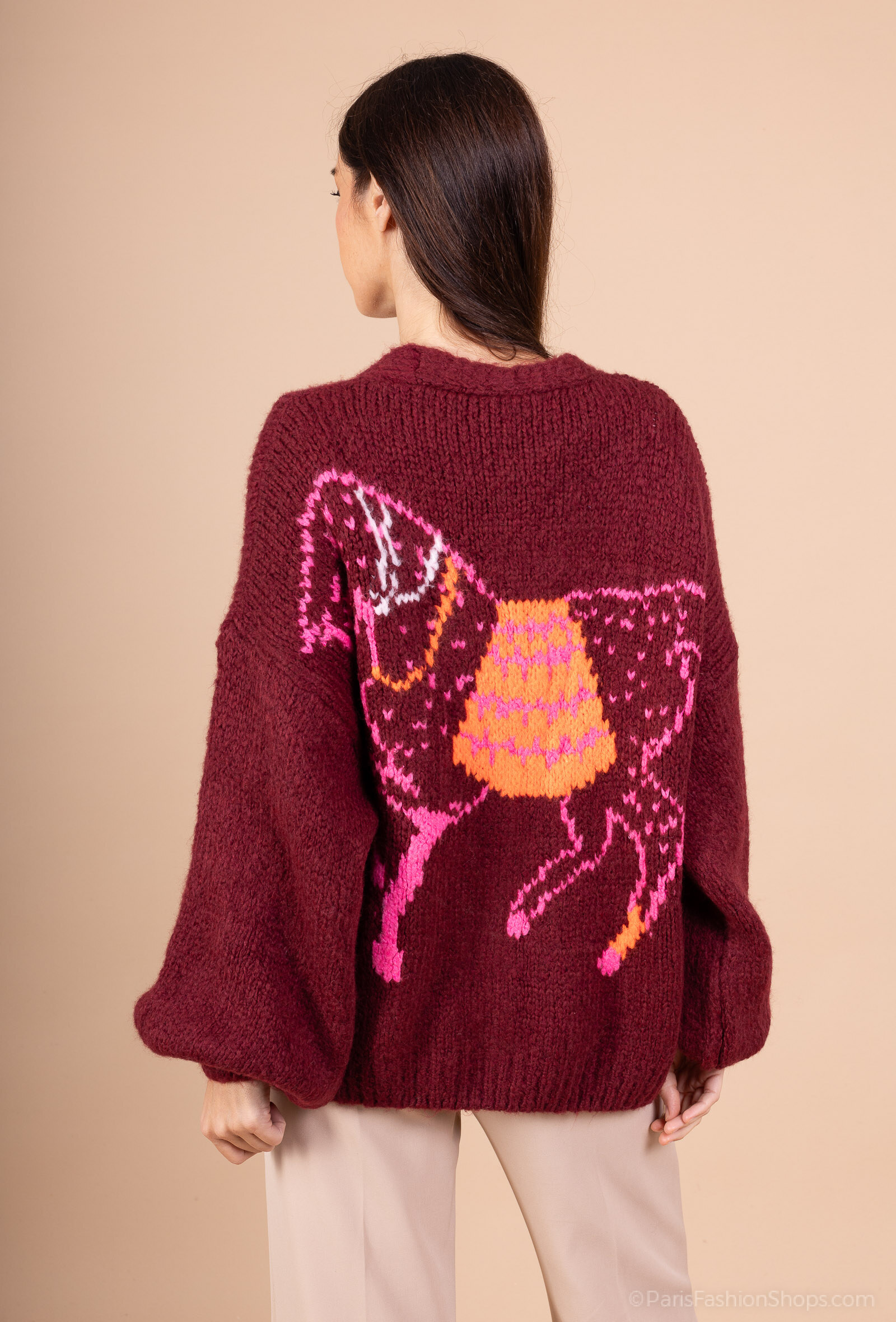 Grossista MOZZAAR FOREVER - Pulls Cardigan in lana morbida, con disegno di cavallo sul retro