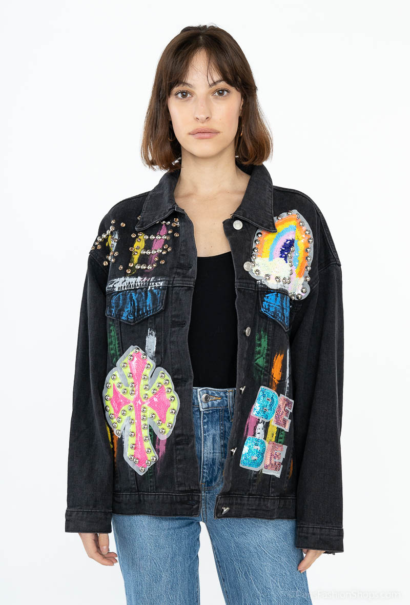 Wholesaler MOZZAAR FOREVER - Oversized denim jacket, studded sequins, black