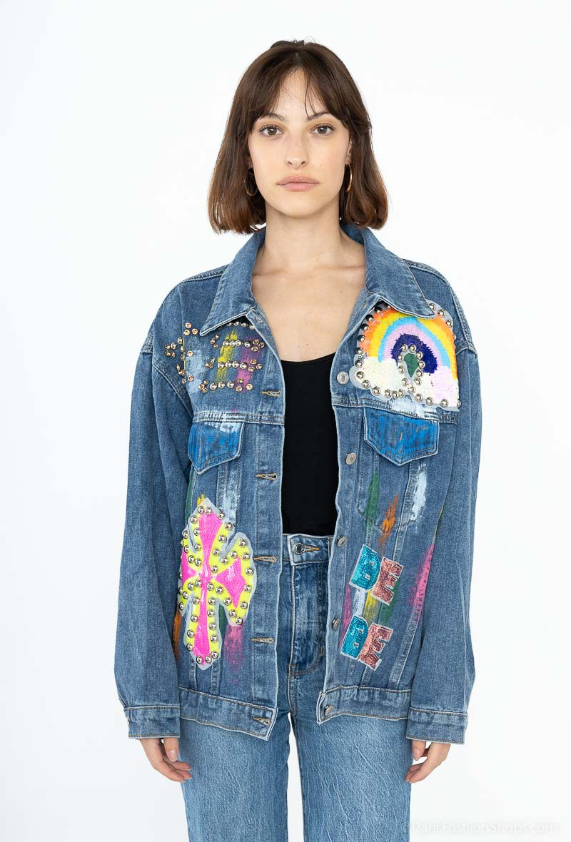 Oversized jeans jacket, sequins and studs | Paris Fashion Shops