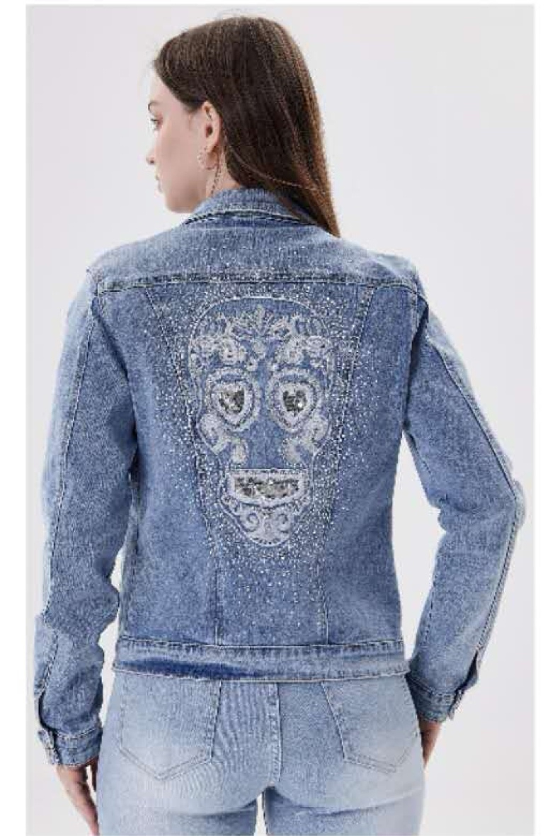 Wholesaler MOZZAAR FOREVER - Jeans jacket, embroidery and rhinestones on the back, with silver sequins, skull