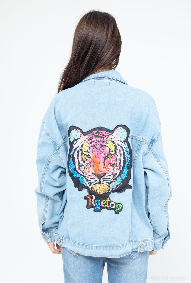 Wholesaler MOZZAAR FOREVER - Oversized denim jacket, tiger head bordered with rhinestones behind