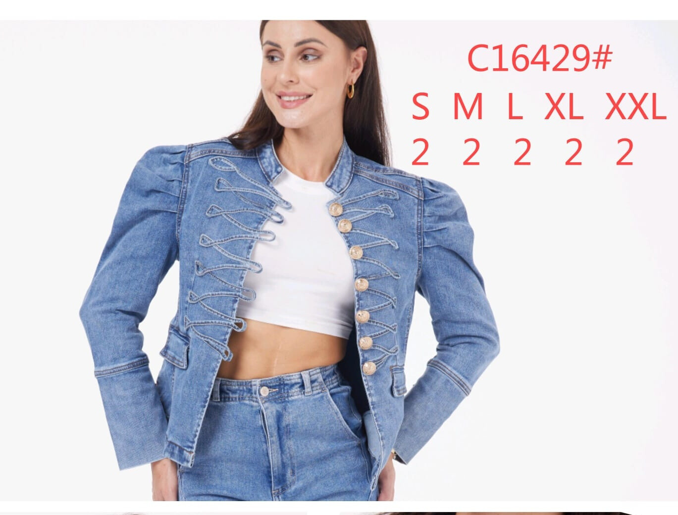 Grossiste MOZZAAR FOREVER - Veste jean style militaire hussard, avec epaule bouffante