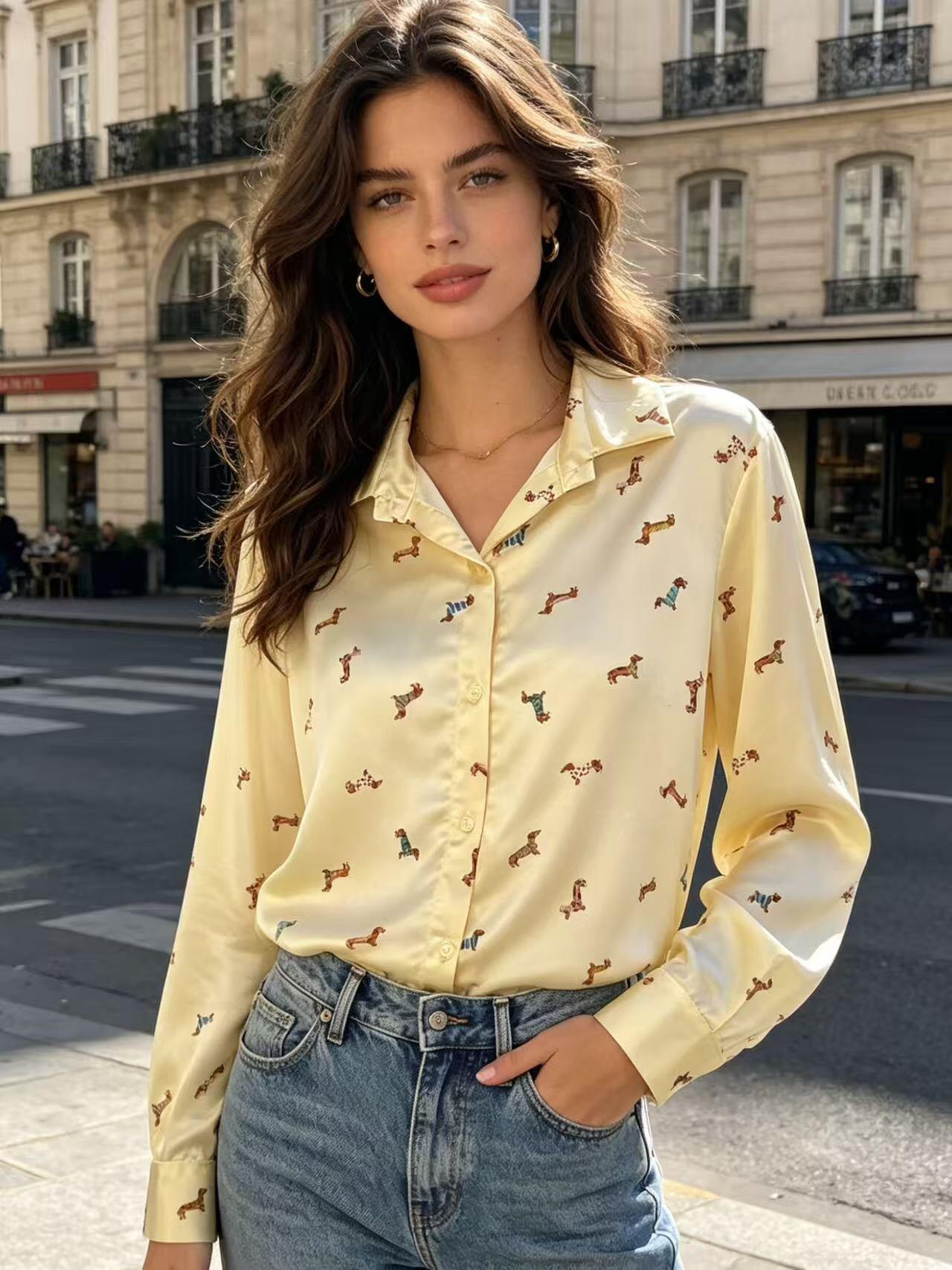 Wholesaler MP - Chic Dachshund Print Satin Shirt