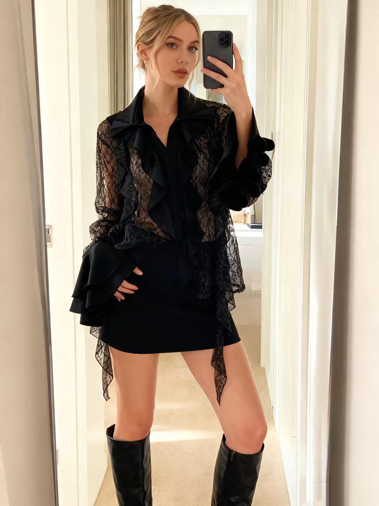 Grossiste MP - Chemise dentelle et satin à volants