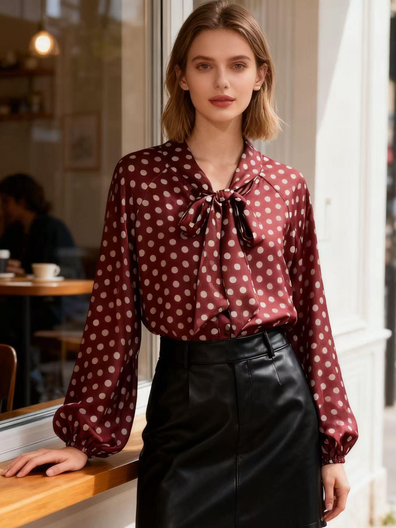 Mayorista MP - Blusa de satén con lunares y cuello con lazo