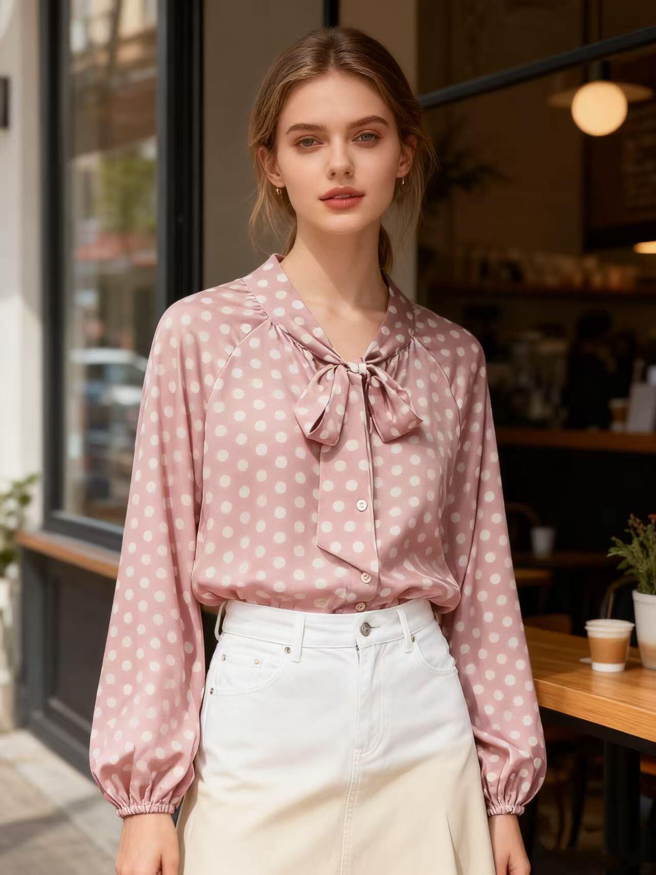 Wholesaler MP - Polka dot satin blouse with a tie neck