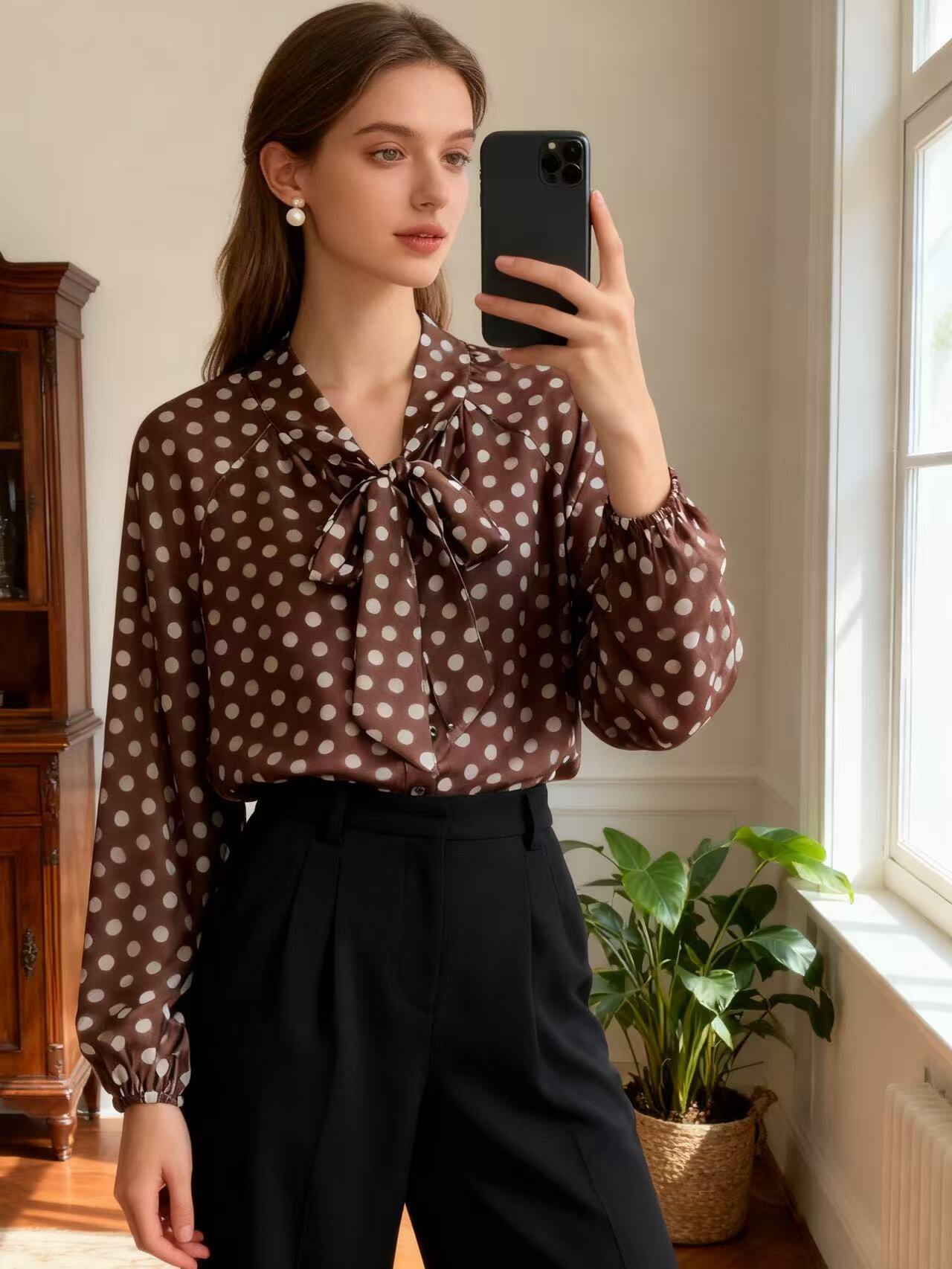 Mayorista MP - Blusa de satén con lunares y cuello anudado