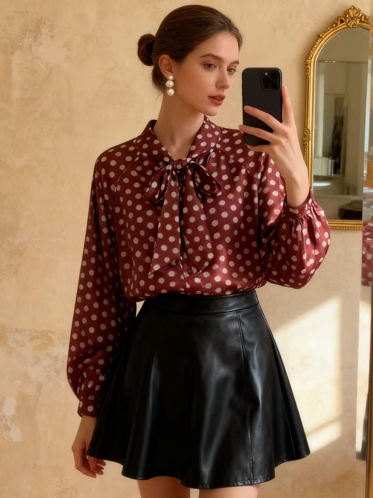 Mayorista MP - Blusa de satén con lunares y cuello con lazo