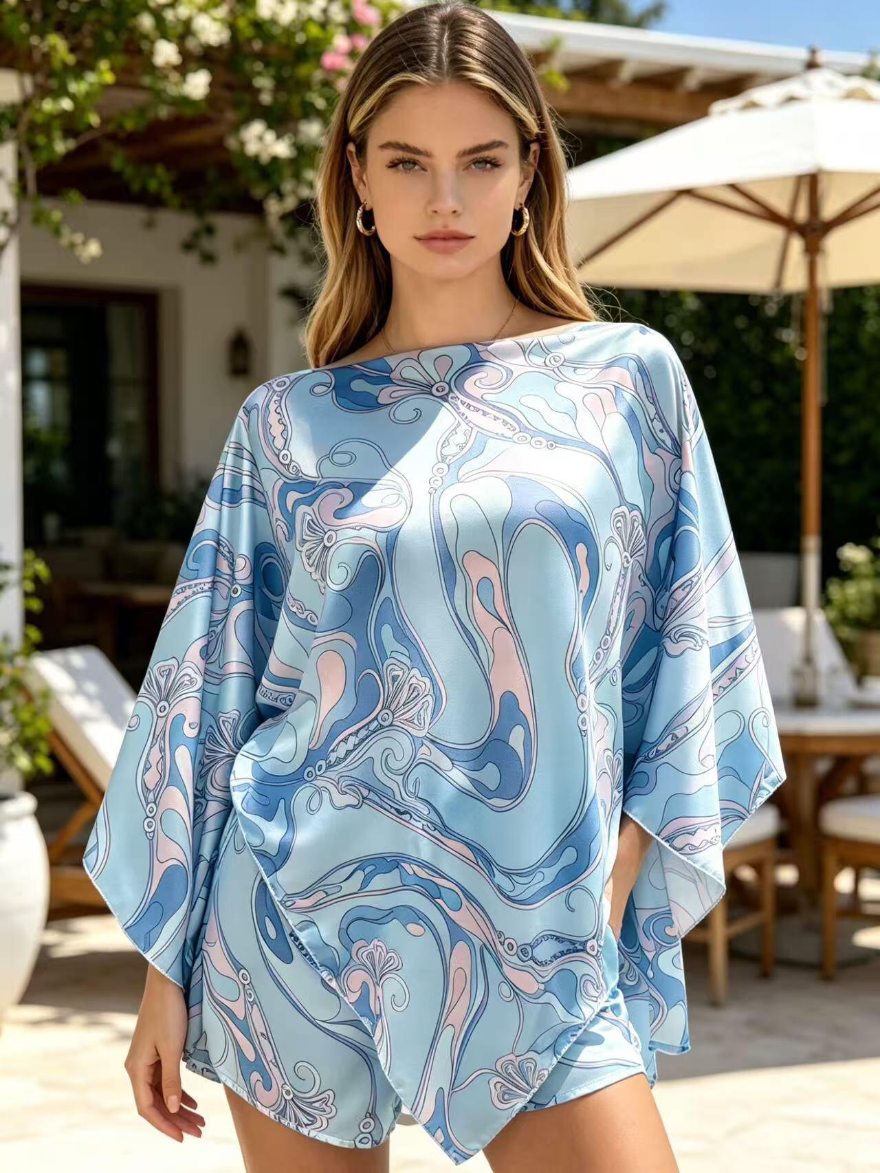 Großhändler MP - Pucci bedrucktes hoch drapiertes Set und trägerloser 2-in-1-Romper mit Shorts